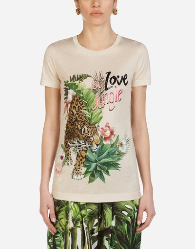 Shop Dolce & Gabbana Jersey T-shirt With Leopard Print In Beige