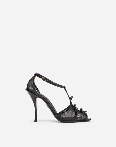 Shop Dolce & Gabbana Polished Calfskin And Mesh Sandals With Small Bows In Black