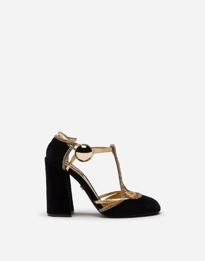 Shop Dolce & Gabbana Velvet T-straps Shoes With Decorative Button In Black/gold