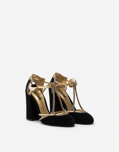 Shop Dolce & Gabbana Velvet T-straps Shoes With Decorative Button In Black/gold