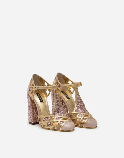 Shop Dolce & Gabbana Polished Crocodile Print T-strap Shoes With Mini Rhinestones In Beige