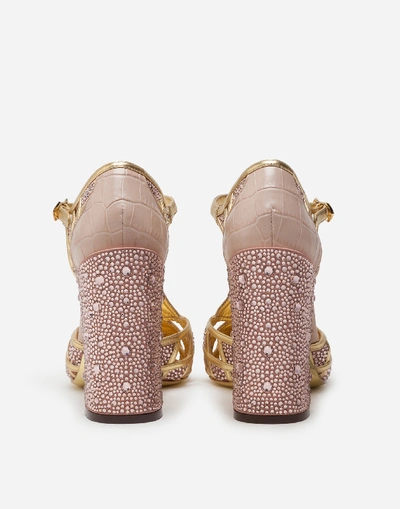 Shop Dolce & Gabbana Polished Crocodile Print T-strap Shoes With Mini Rhinestones In Beige