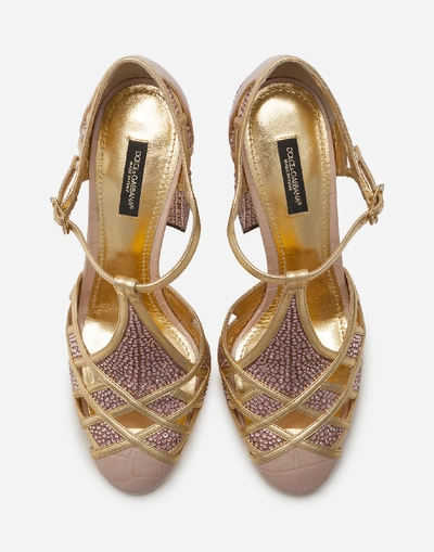 Shop Dolce & Gabbana Polished Crocodile Print T-strap Shoes With Mini Rhinestones In Beige