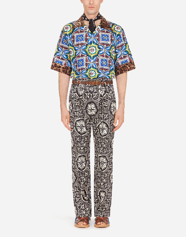 Dolce & Gabbana Maiolica And Leopard Print Silk Bowling Shirt In Blue