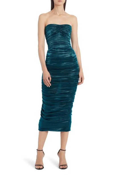 Shop Dolce & Gabbana Ruched Strapless Lame Body-con Midi Dress In Teal