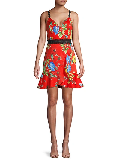 Shop Alice And Olivia Kirby Lace-strap Floral Dress In Red
