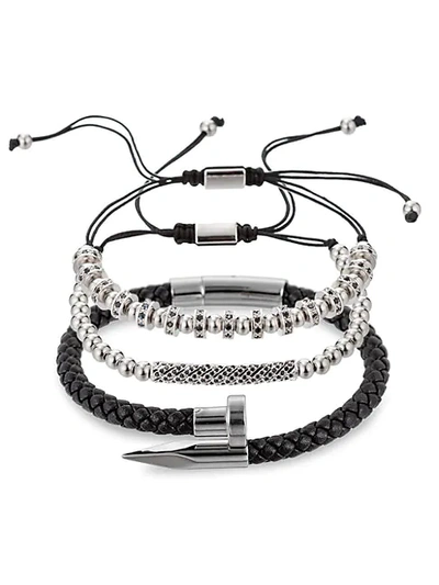 Shop Eye Candy La Solomun 3-piece Stainless Steel & Leather Bracelets