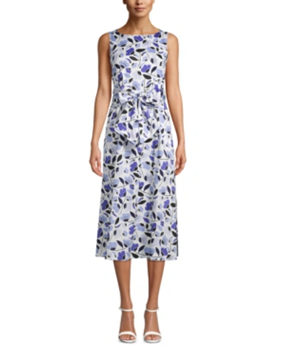 Shop Anne Klein Bow-front Printed Midi Dress In White/sky Blue Floral