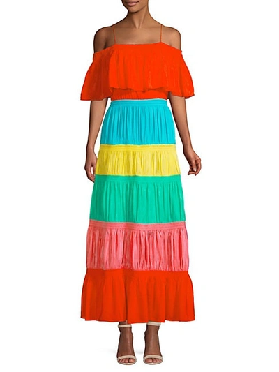 Shop Alice And Olivia Kia Smocked Rainbow Cold-shoulder A-line Dress In Colorblock