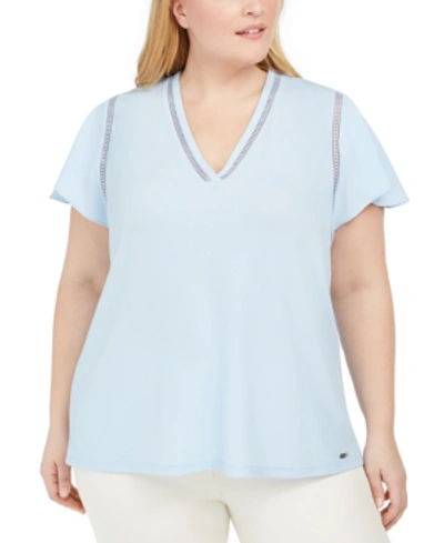 Shop Calvin Klein Plus Size Flutter-sleeve Blouse In Cashmere Blue