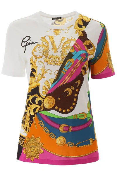 Shop Versace Multi Print T-shirt In White,fuchsia,gold