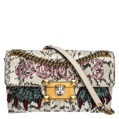 Pre-owned Gucci Multicolor Sequins And Crystal Embellished Snakeskin Tiger Flap Shoulder Bag