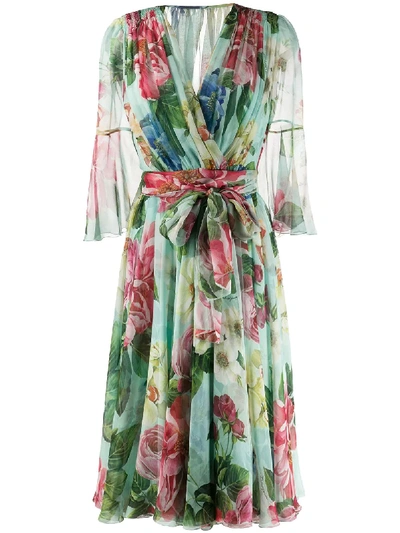 Dolce & Gabbana Crossed Chiffon Midi Dress With Floral Ombre Print In Blue