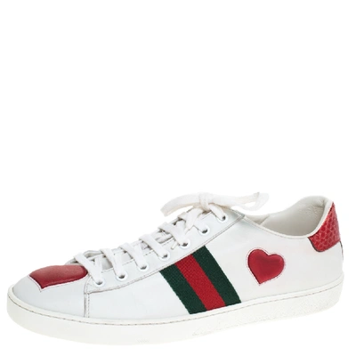 Pre-owned Gucci White Leather Ace Web Heart Detail Lace Up Trainer Size 39.5