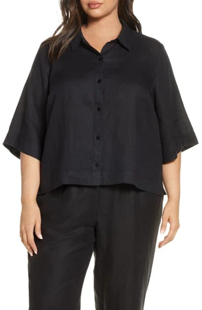 Shop Eileen Fisher Organic Linen Button-up Shirt In Black