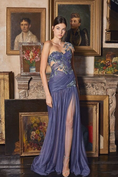 Shop Marchesa Draped Illusion Neck Gown In Stormy Blue
