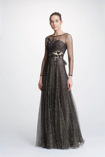 Shop Marchesa Notte Long Sleeve Glitter Tulle Evening Gown