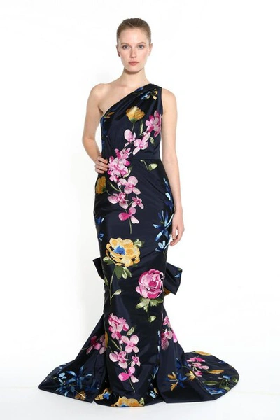 Shop Marchesa Embroidered Taffeta One Shoulder Gown
