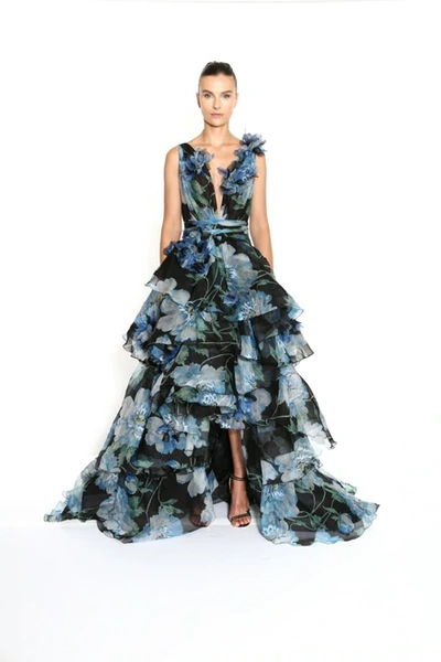 Shop Marchesa Printed And Embroidered Silk Organza High Low Ball Gown