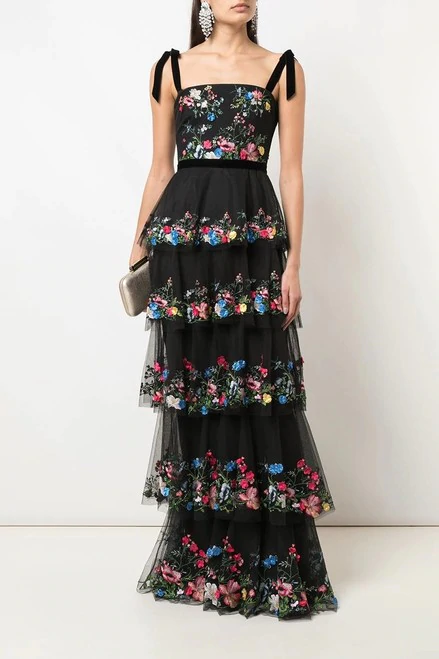 Marchesa Notte Floral Embroidered Tiered Tulle Gown In Black Modesens