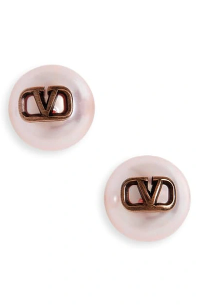 Shop Valentino Vlogo Imitation Pearl Stud Earrings In Antique Rose/ Rosaline Pearl