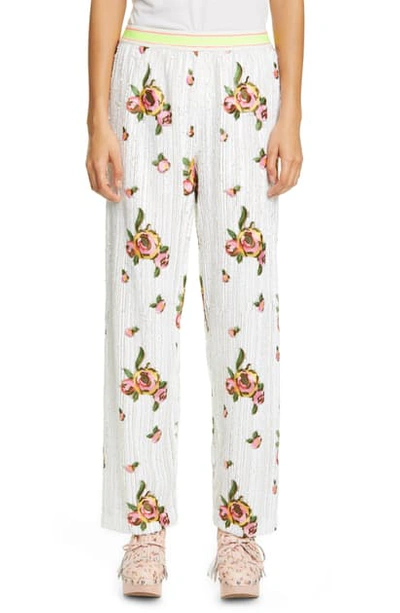 Shop Anna Sui Embroidered Rose Sequin Pants In White Multi