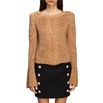 Shop Balmain Lurex Sweater With Jewel Buttons In Burnt