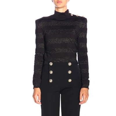 Shop Balmain Turtleneck Sweater With Lurex Bands And Jewel Buttons In Black
