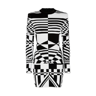 Shop Balmain Monochrome Stretch-knit Mini Dress In Black And White