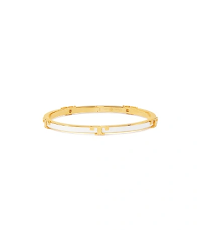 Shop Tory Burch Serif-t Enameled Stackable Bracelet In Tory Gold/optic White