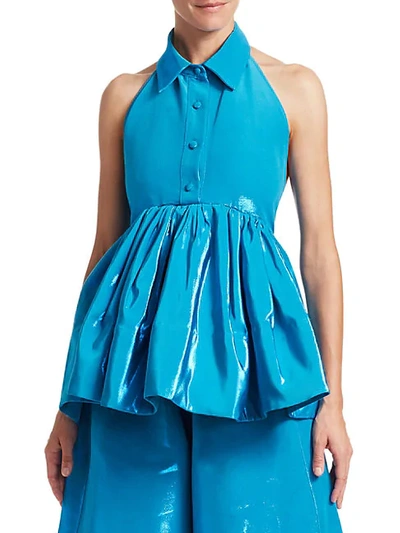 Shop Rosie Assoulin Halterneck Sleeveless Peplum Top In Metallic Blue