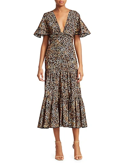 Shop Johanna Ortiz Animal Jewel Short Sleeve Midi Dress In Leopard