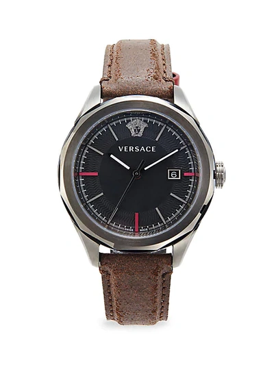 Shop Versace Stainless Steel Leather-strap Watch In Grey