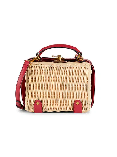 Shop Etienne Aigner Small Charlotte Leather-trimmed Wicker Crossbody Box Bag In Red Fared