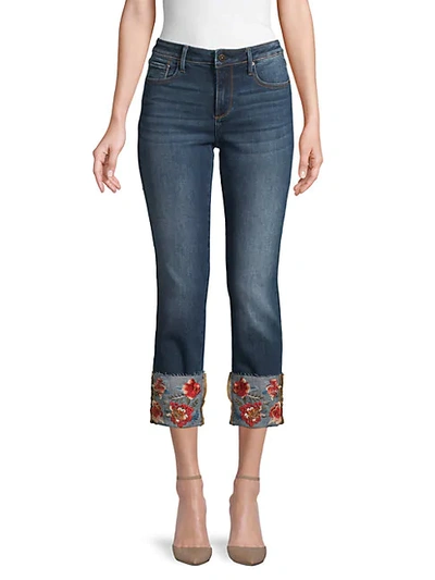 Shop Driftwood Colette Floral Embroidery Straight Cropped Jeans In Medium Wash