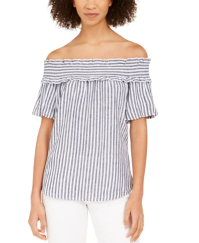 Shop Tommy Hilfiger Striped Ruffled Off-the-shoulder Top In Sky Captain/white