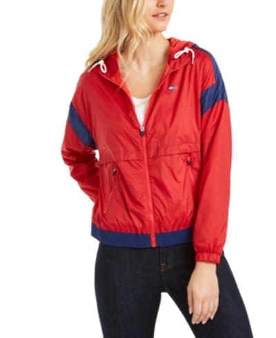 Shop Tommy Hilfiger Sport Colorblocked Windbreaker Jacket In Scarlet/deep Blue