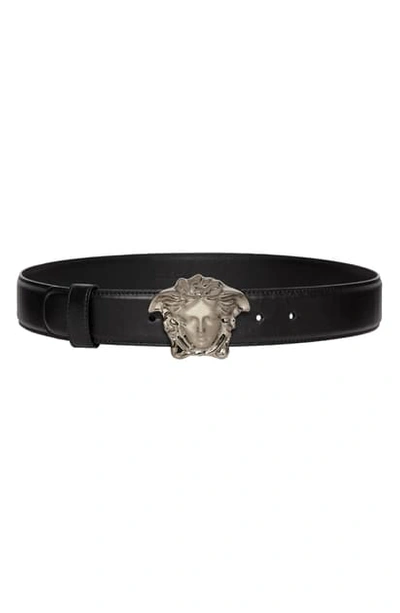 Shop Versace Palazzo Medusa Buckle Leather Belt In Nero/ Gold Tribute
