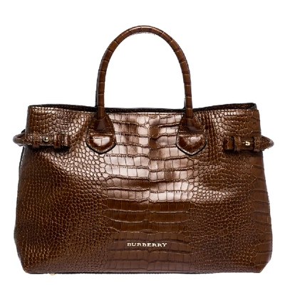 Pre-owned Burberry Brown Croc Embossed Leather And House Check Canvas Medium Banner Tote