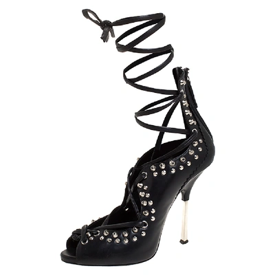 Pre-owned Giuseppe Zanotti Black Leather Studded Lace Up Sandals Size 40