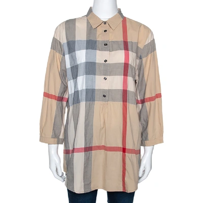 Pre-owned Burberry Brit Beige Exploded Check Cotton Tunic Blouse L