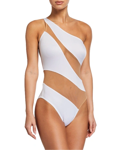 Shop Norma Kamali Mio Snake Mesh One-piece Swimsuit In White