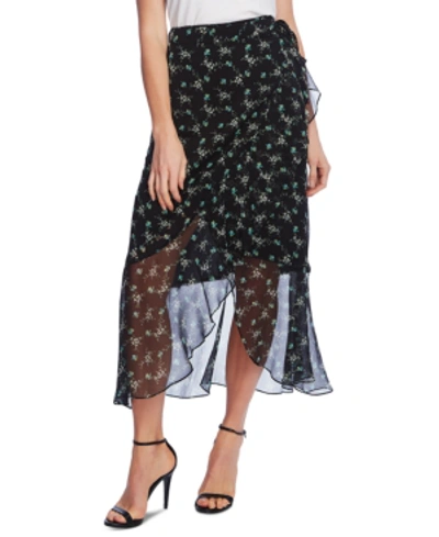 Shop Vince Camuto Floral-print Faux-wrap Skirt In Rich Black