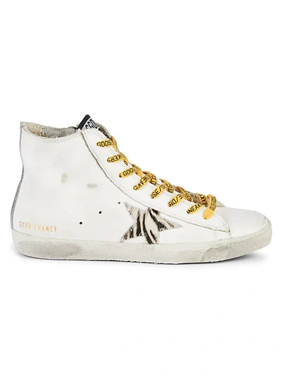 Shop Golden Goose Francy Calf Hair-trimmed Leather Sneakers In White