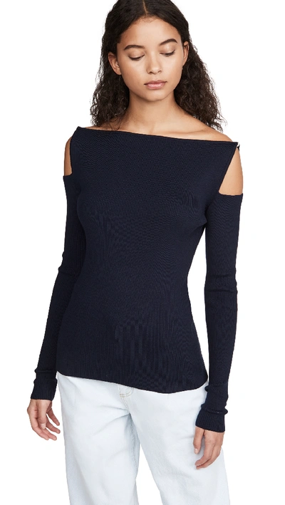 Shop Adeam Shoulder Cut Out Imitation Pearl Knit Top In Navy