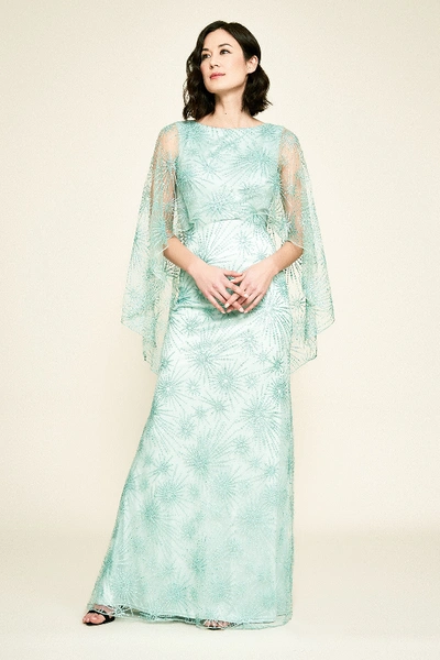 Shop Tadashi Shoji Mir Embroidered Tulle Cape Gown In Frosted Jade