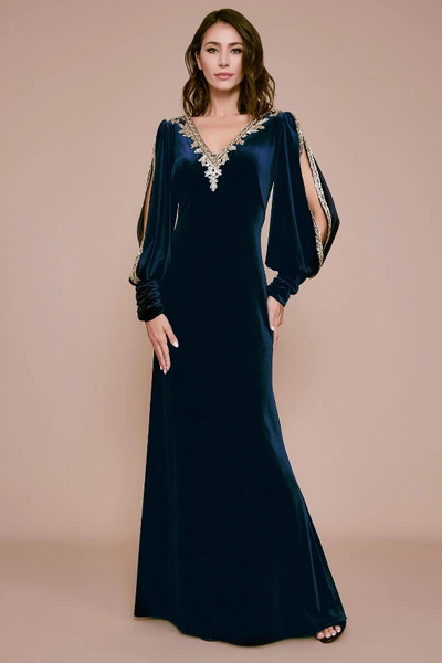 Shop Tadashi Shoji Tuyen Velvet Evening Gown In Navy/gold