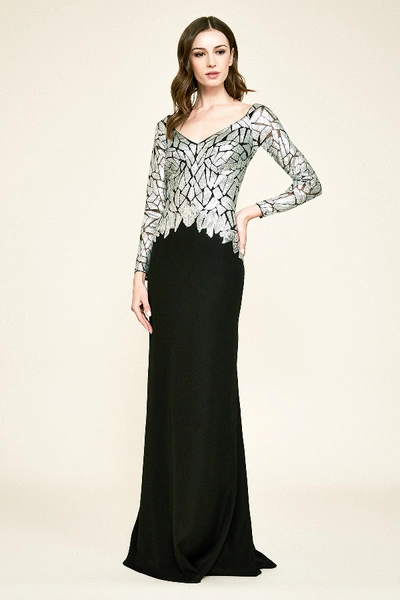 Shop Tadashi Shoji Hydra Long-sleeve Sequin Gown In Silver/black