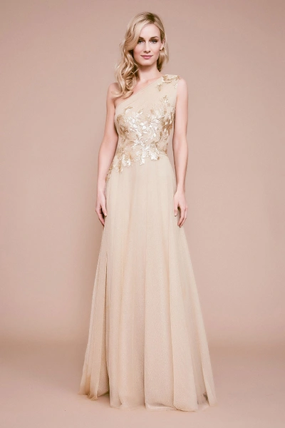 Shop Tadashi Shoji Vesper One-shoulder Sequin Tulle Gown In Gold