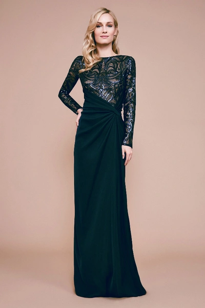 Shop Tadashi Shoji Amir Long-sleeve Crepe Sequin Gown In Navy/nude